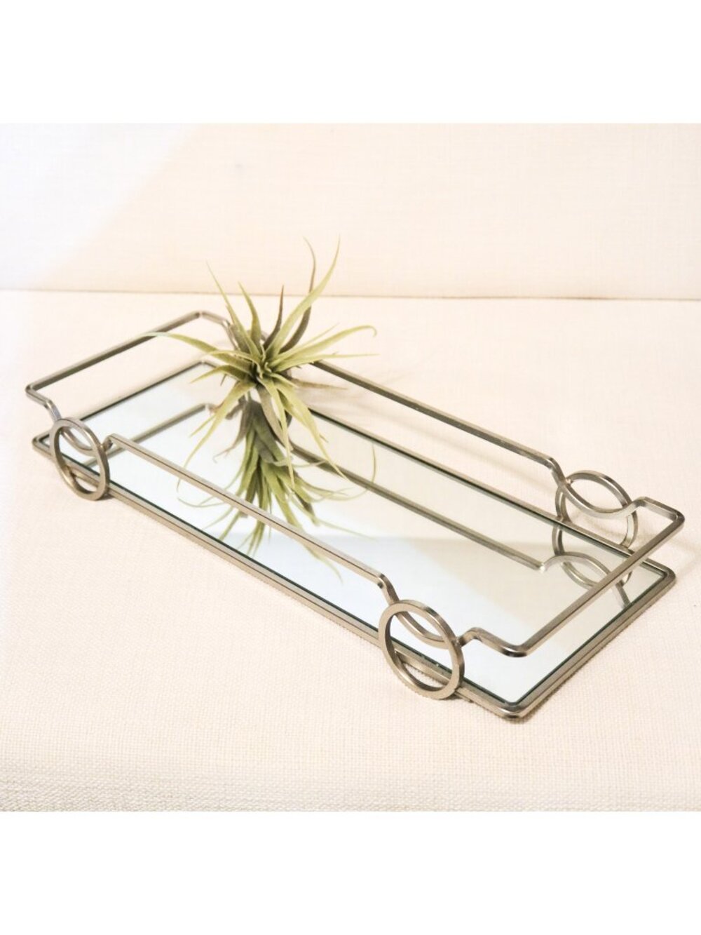 Modern Brushed Silver Tone Geometric Mirrored Rectangle Vanity Tray Holder DIsh